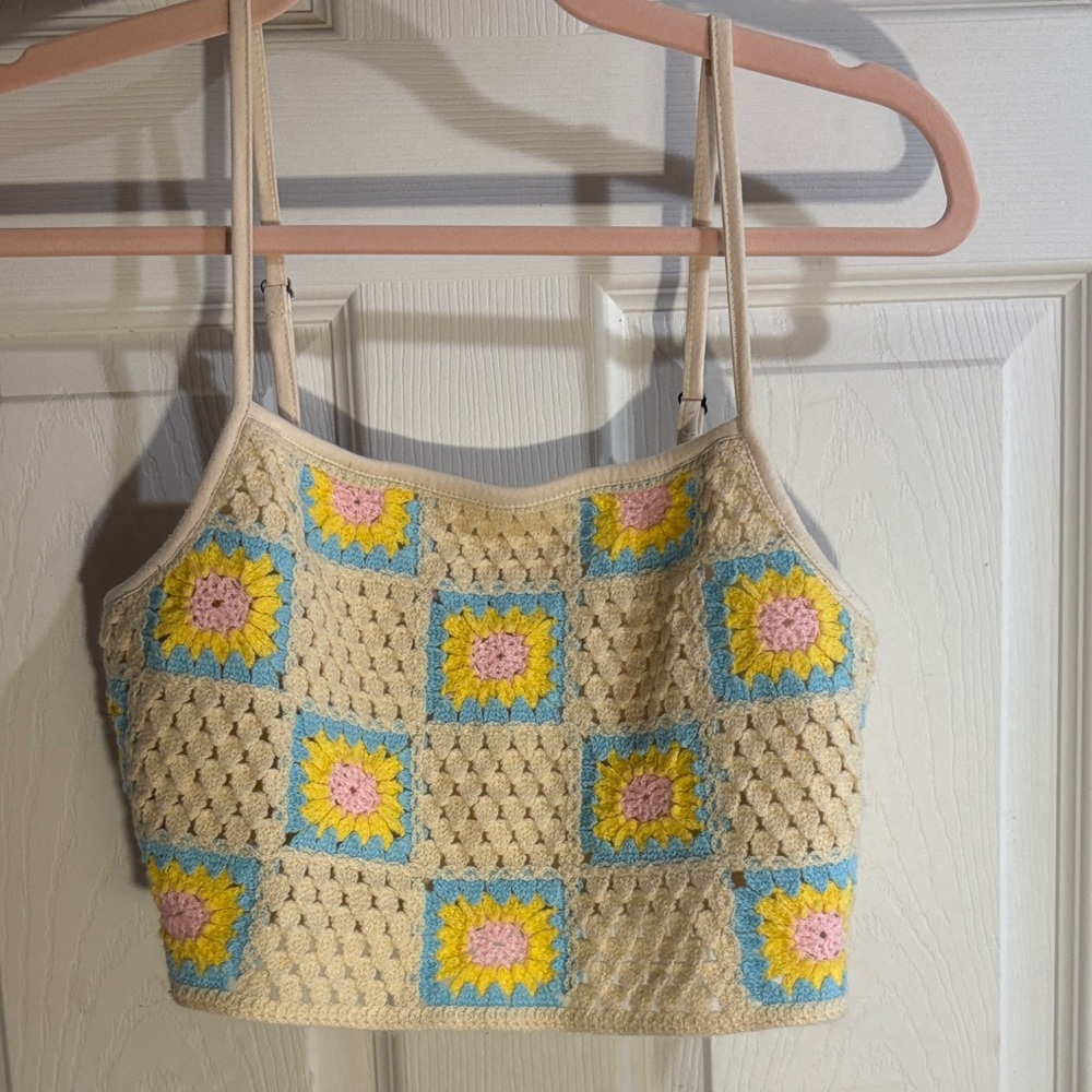 wild fable Cream Crochet Crop Top with Yellow, Blue & Pink Accents